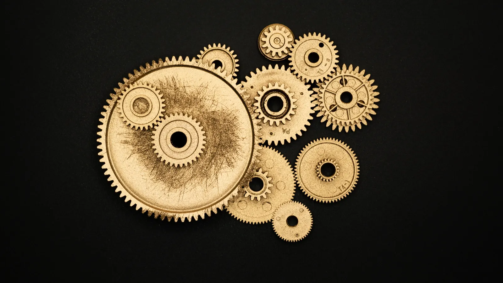 Golden interlocking gears on a black background